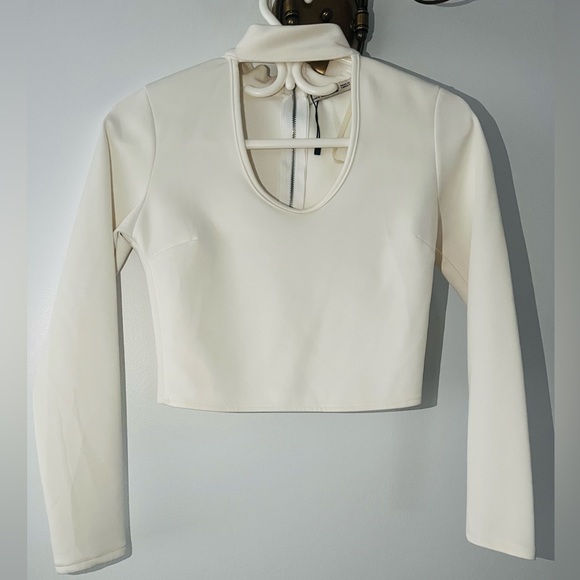 Tops - Long Sleeve Crop Top Cut Out Neck Back Zipper Blouse  Size : S